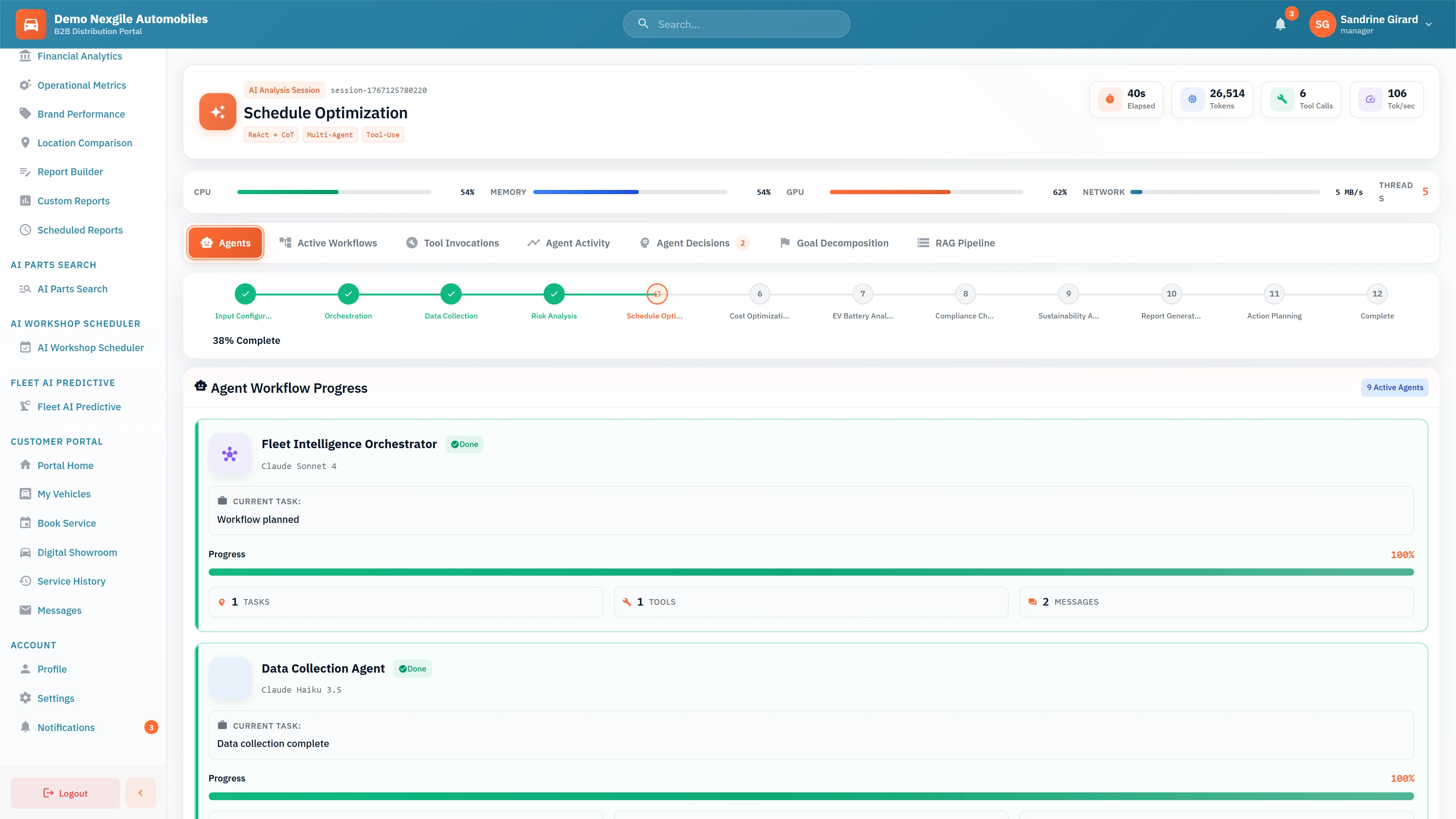 Schedule Optimization Workflow - 12-phase process at 38% completion showing Fleet Intelligence Orchestrator and Data Collection Agent progress with system resource utilization metrics